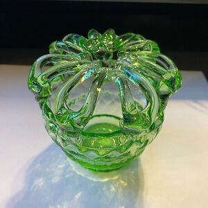 Vintage Hand Blown Green Glass Bride’s Bank Basket or Flower Frog